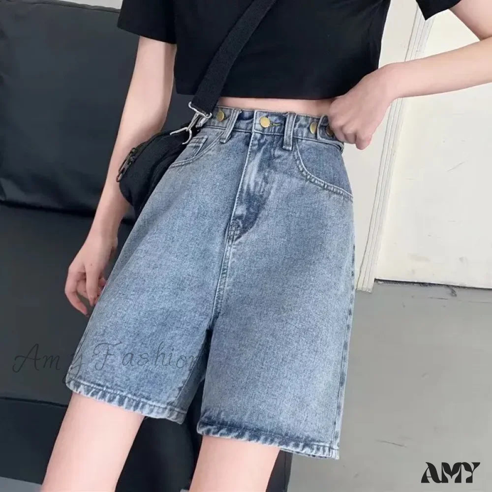 Amy Fashion - Streetwear Summer Half High-Waisted Belted Loose Female Short Jean