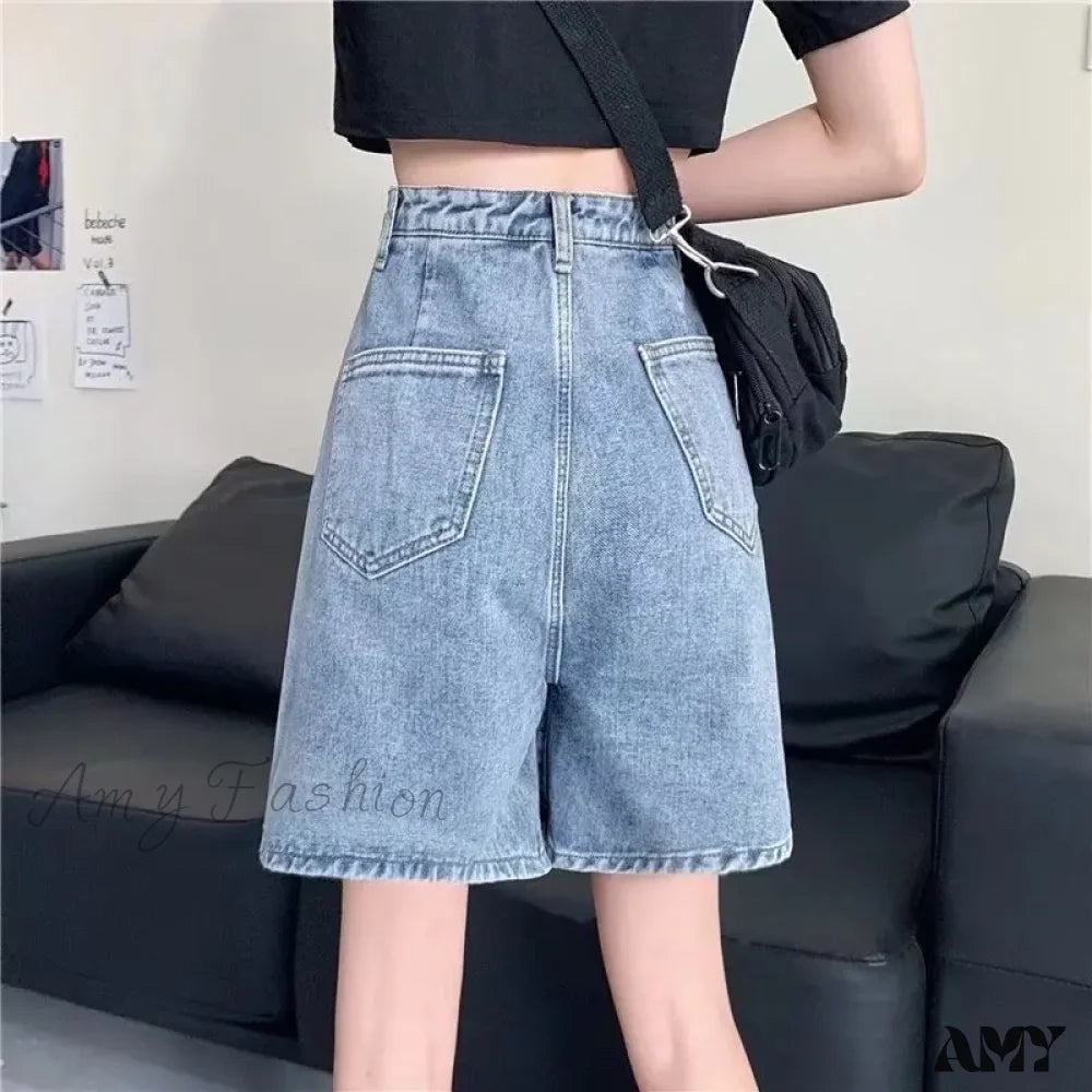 Amy Fashion - Streetwear Summer Half High-Waisted Belted Loose Female Short Jean