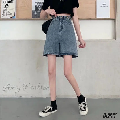 Amy Fashion - Streetwear Summer Half High-Waisted Belted Loose Female Short Jean