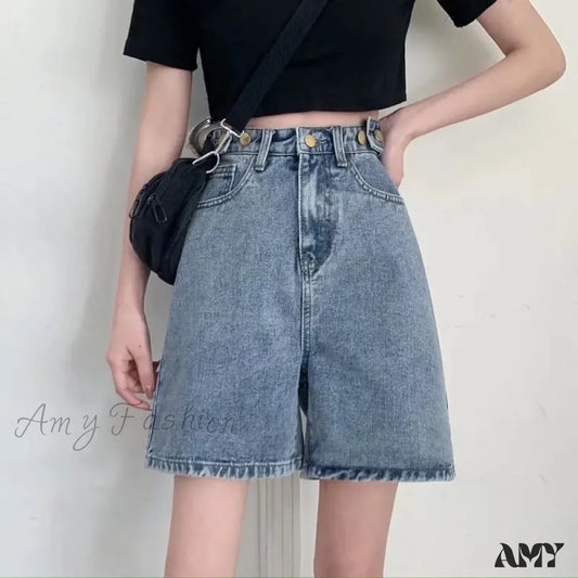 Amy Fashion - Streetwear Summer Half High-Waisted Belted Loose Female Short Jean Blue / S