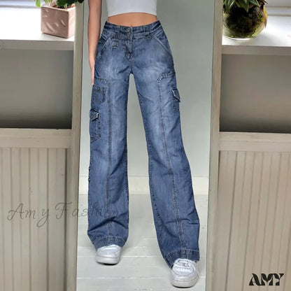 Amy Fashion - Streetwear Women Denim Trouser Loose Cargo Korean Autumn Winter Pockets Patchwork