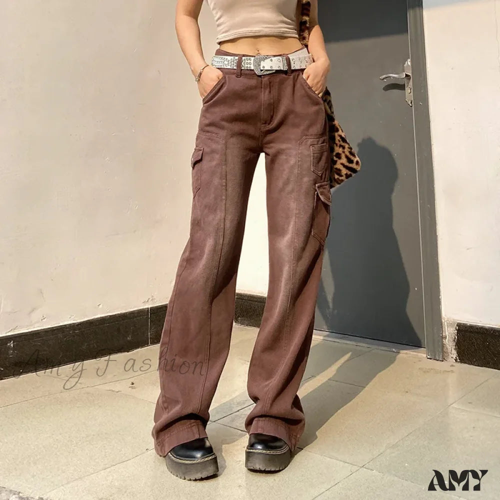 Amy Fashion - Streetwear Women Denim Trouser Loose Cargo Korean Autumn Winter Pockets Patchwork