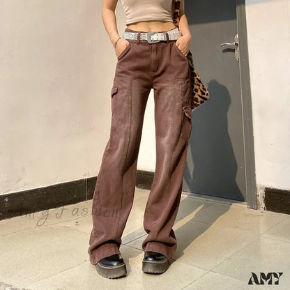 Amy Fashion - Streetwear Women Denim Trouser Loose Cargo Korean Autumn Winter Pockets Patchwork