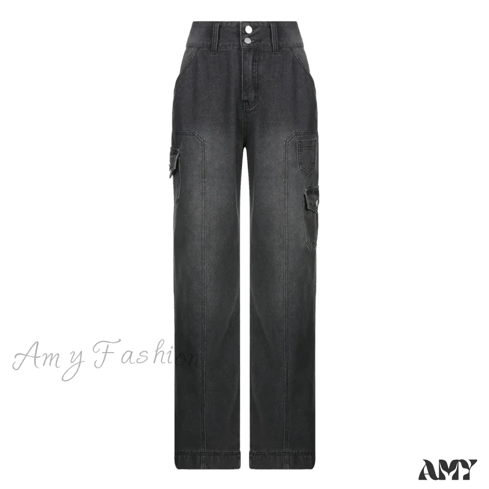 Amy Fashion - Streetwear Women Denim Trouser Loose Cargo Korean Autumn Winter Pockets Patchwork