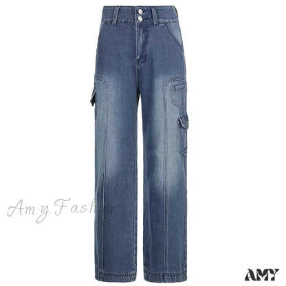 Amy Fashion - Streetwear Women Denim Trouser Loose Cargo Korean Autumn Winter Pockets Patchwork