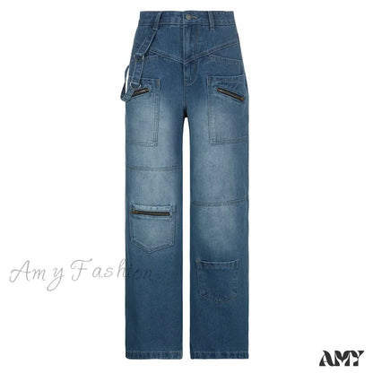 Amy Fashion - Streetwear Women Denim Trouser Loose Cargo Korean Autumn Winter Pockets Patchwork