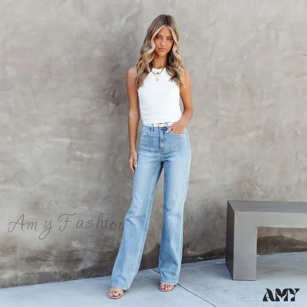 Amy Fashion - Stretch Blue High Waist Loose Wide Leg Vintage Fashionable Washed Straight Casual Jean