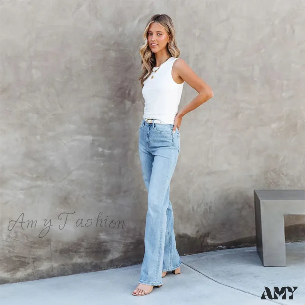 Amy Fashion - Stretch Blue High Waist Loose Wide Leg Vintage Fashionable Washed Straight Casual Jean