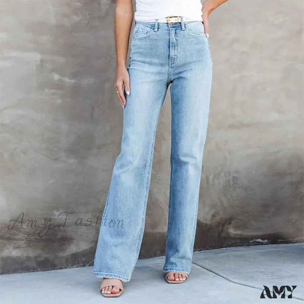 Amy Fashion - Stretch Blue High Waist Loose Wide Leg Vintage Fashionable Washed Straight Casual Jean