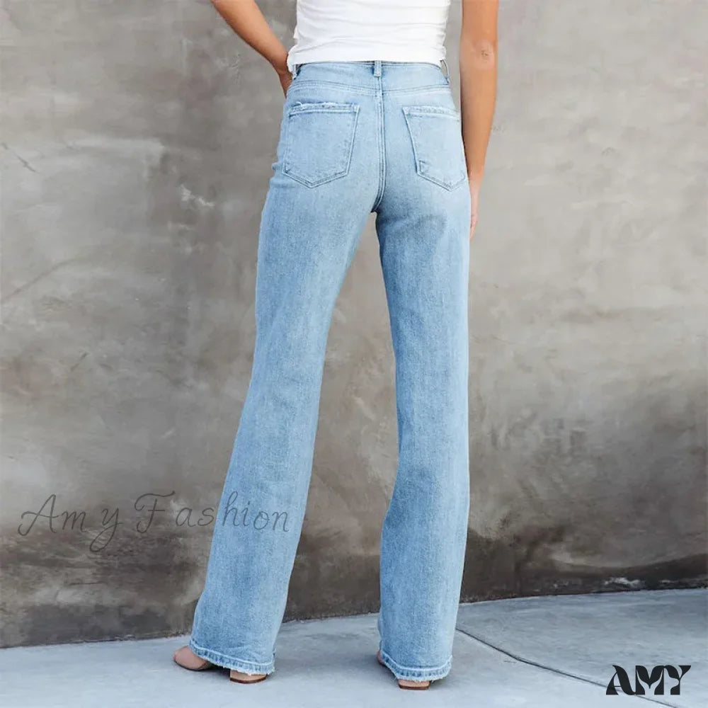 Amy Fashion - Stretch Blue High Waist Loose Wide Leg Vintage Fashionable Washed Straight Casual Jean