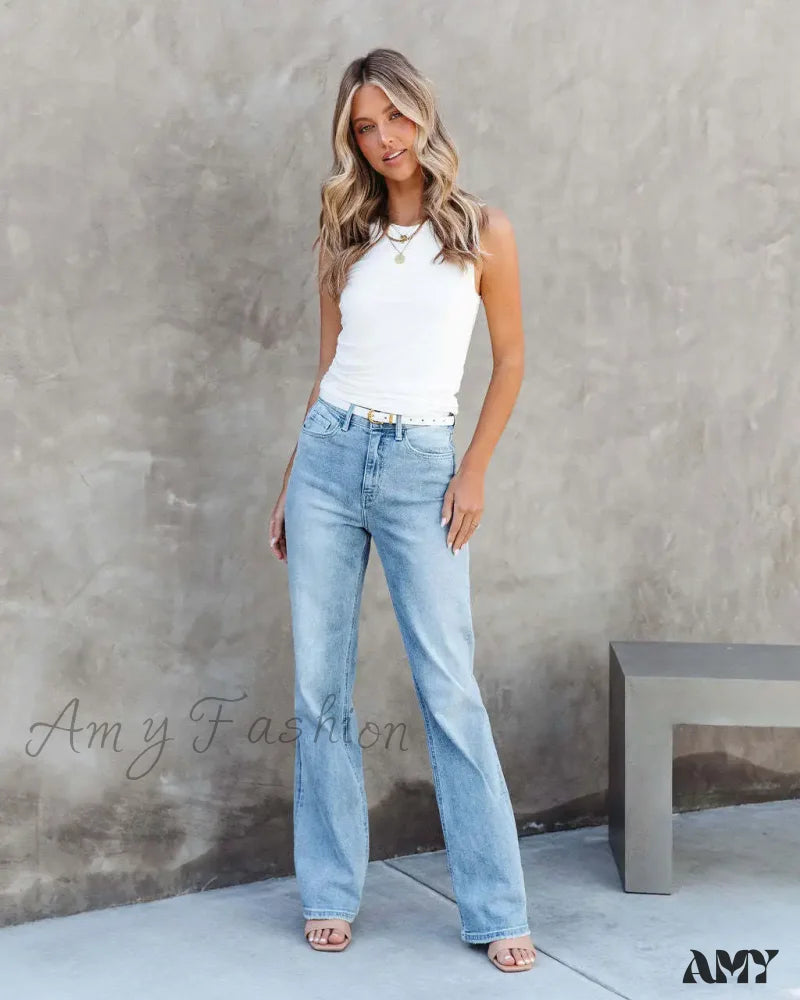 Amy Fashion - Stretch Blue High Waist Loose Wide Leg Vintage Fashionable Washed Straight Casual Jean