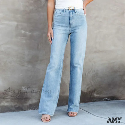 Amy Fashion - Stretch Blue High Waist Loose Wide Leg Vintage Fashionable Washed Straight Casual