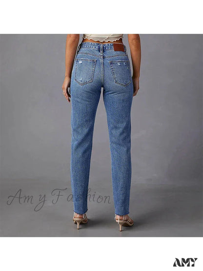 Amy Fashion - Stretch Blue High Waist Ripped Casual Streetwear Denim Jean