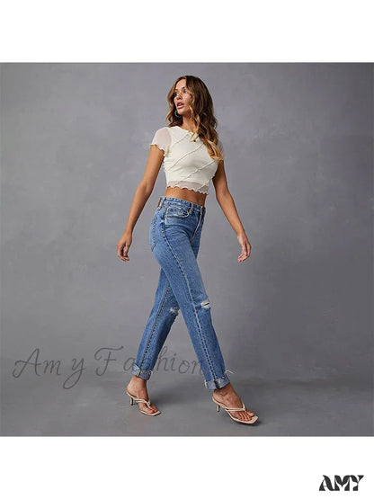 Amy Fashion - Stretch Blue High Waist Ripped Casual Streetwear Denim Jean