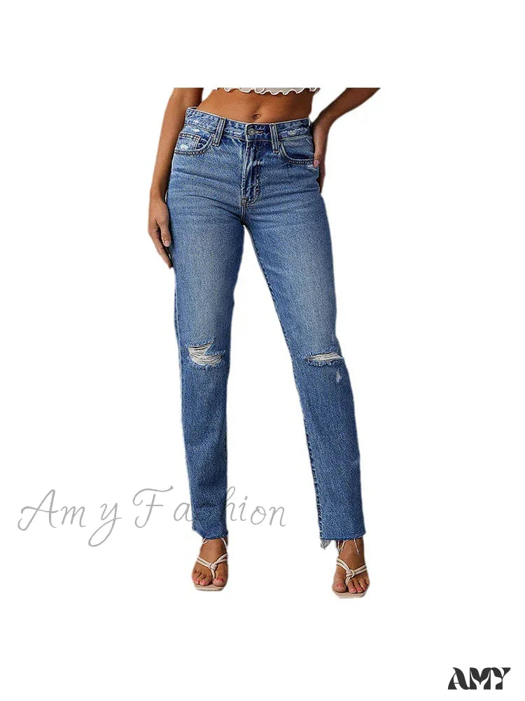 Amy Fashion - Stretch Blue High Waist Ripped Casual Streetwear Denim Jean