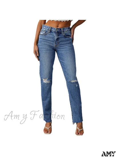 Amy Fashion - Stretch Blue High Waist Ripped Casual Streetwear Denim Jean