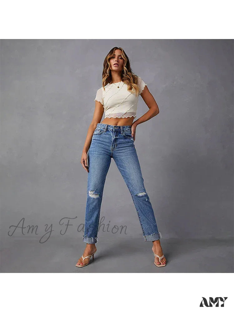 Amy Fashion - Stretch Blue High Waist Ripped Casual Streetwear Denim Jean Dark / S