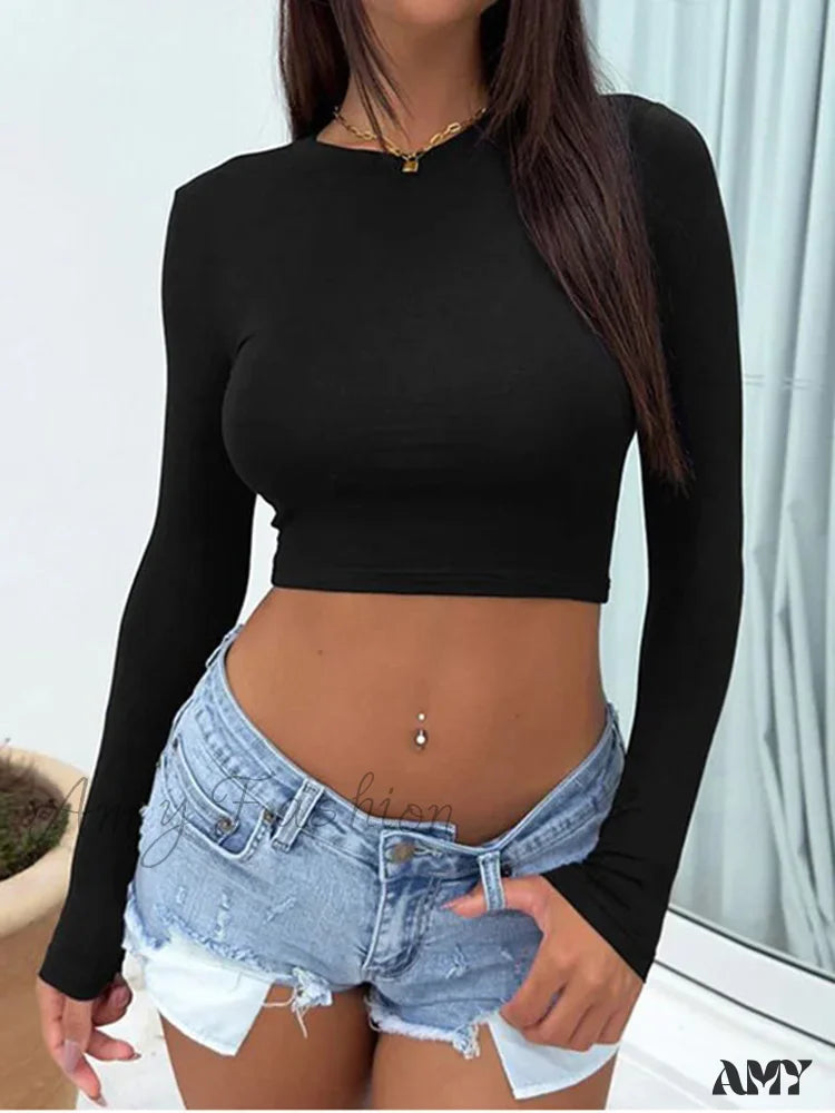 Amy Fashion - Stretch Casual Solid All-Match Female Autumn Crop Top