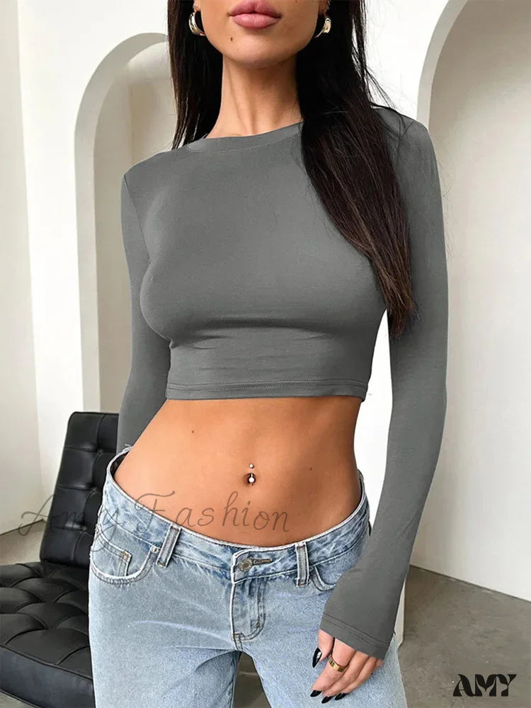 Amy Fashion - Stretch Casual Solid All-Match Female Autumn Crop Top Dark Grey / S