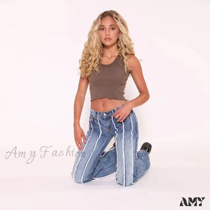 Amy Fashion - Stretch Flare High Vintage Slim Spliced Bell Bottom Washed Denim Jean