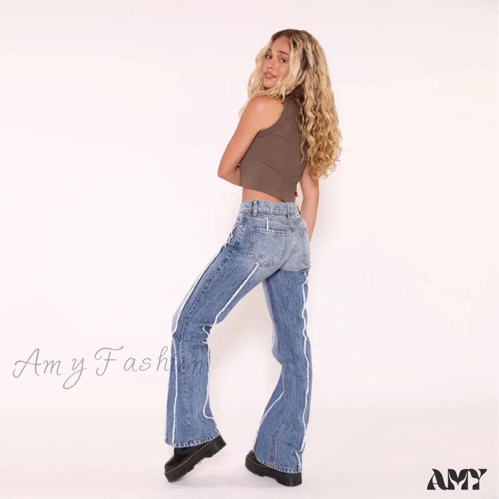 Amy Fashion - Stretch Flare High Vintage Slim Spliced Bell Bottom Washed Denim Jean