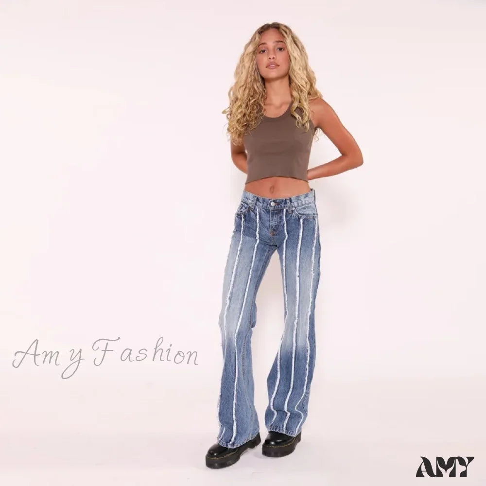 Amy Fashion - Stretch Flare High Vintage Slim Spliced Bell Bottom Washed Denim Jean