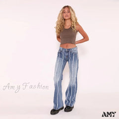 Amy Fashion - Stretch Flare High Vintage Slim Spliced Bell Bottom Washed Denim Jean