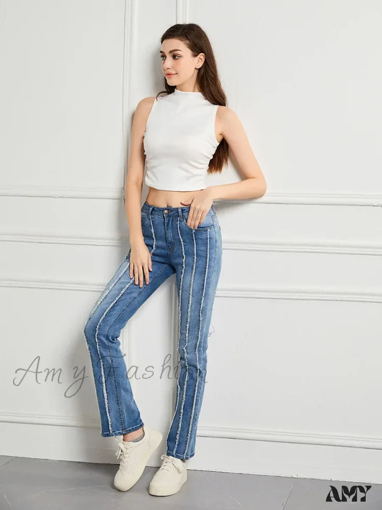 Amy Fashion - Stretch Flare Slim Splice Bottom Streetwear Denim Jean