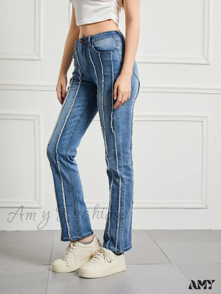 Amy Fashion - Stretch Flare Slim Splice Bottom Streetwear Denim Jean