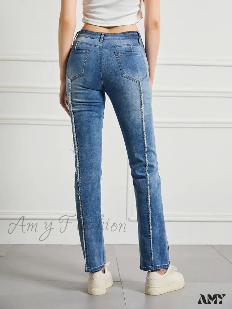 Amy Fashion - Stretch Flare Slim Splice Bottom Streetwear Denim Jean