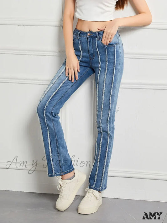 Amy Fashion - Stretch Flare Slim Splice Bottom Streetwear Denim Jean