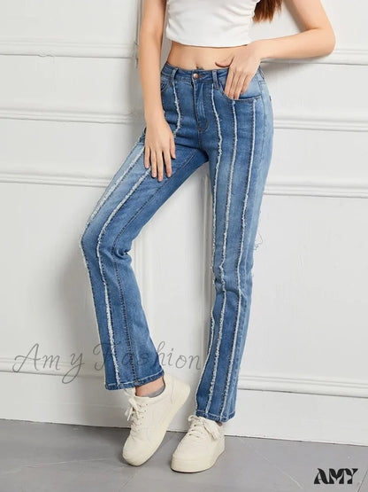 Amy Fashion - Stretch Flare Slim Splice Bottom Streetwear Denim Jean Blue / S