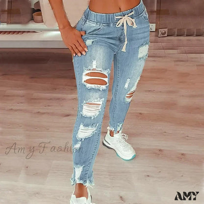 Amy Fashion - Stretch High Waist Ripped Washed Slim Skinny Pencil Denim Jean Blue / S