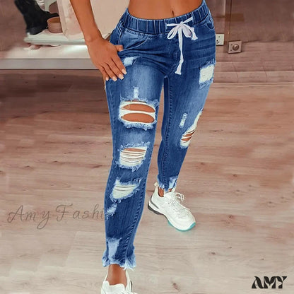 Amy Fashion - Stretch High Waist Ripped Washed Slim Skinny Pencil Denim Jean Dark Blue / S