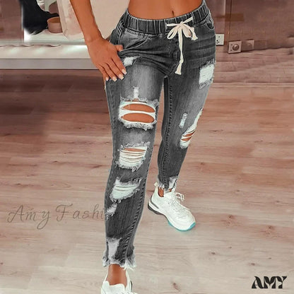 Amy Fashion - Stretch High Waist Ripped Washed Slim Skinny Pencil Denim Jean Grey / S