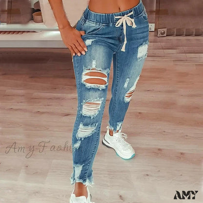 Amy Fashion - Stretch High Waist Ripped Washed Slim Skinny Pencil Denim Jean Light Blue / S