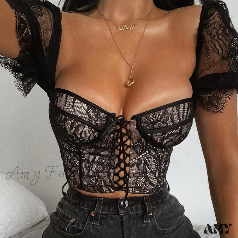 Amy Fashion - Stretch Lace Dark Barbie Corset Top