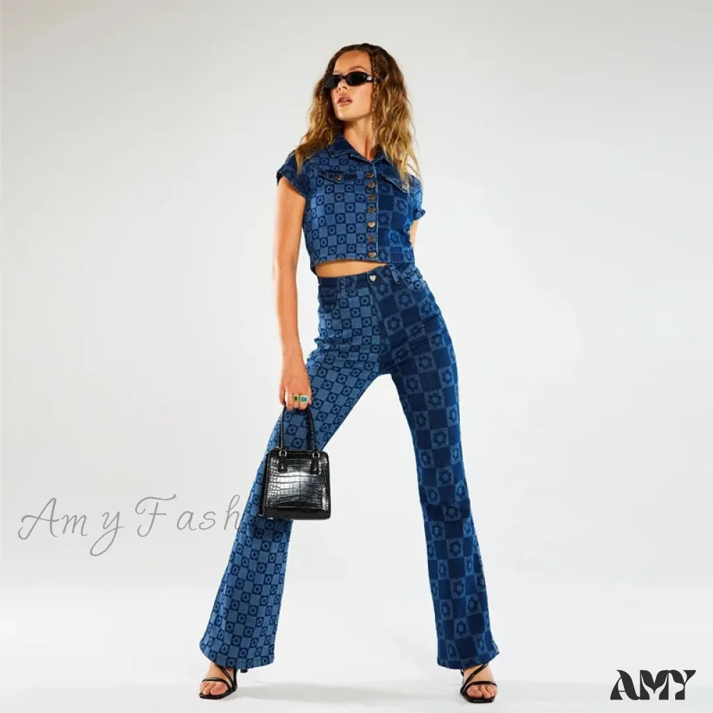 Amy Fashion - Stretch Print Women’s High Waist Flare Women Long Summer Casual Streetwear Denim