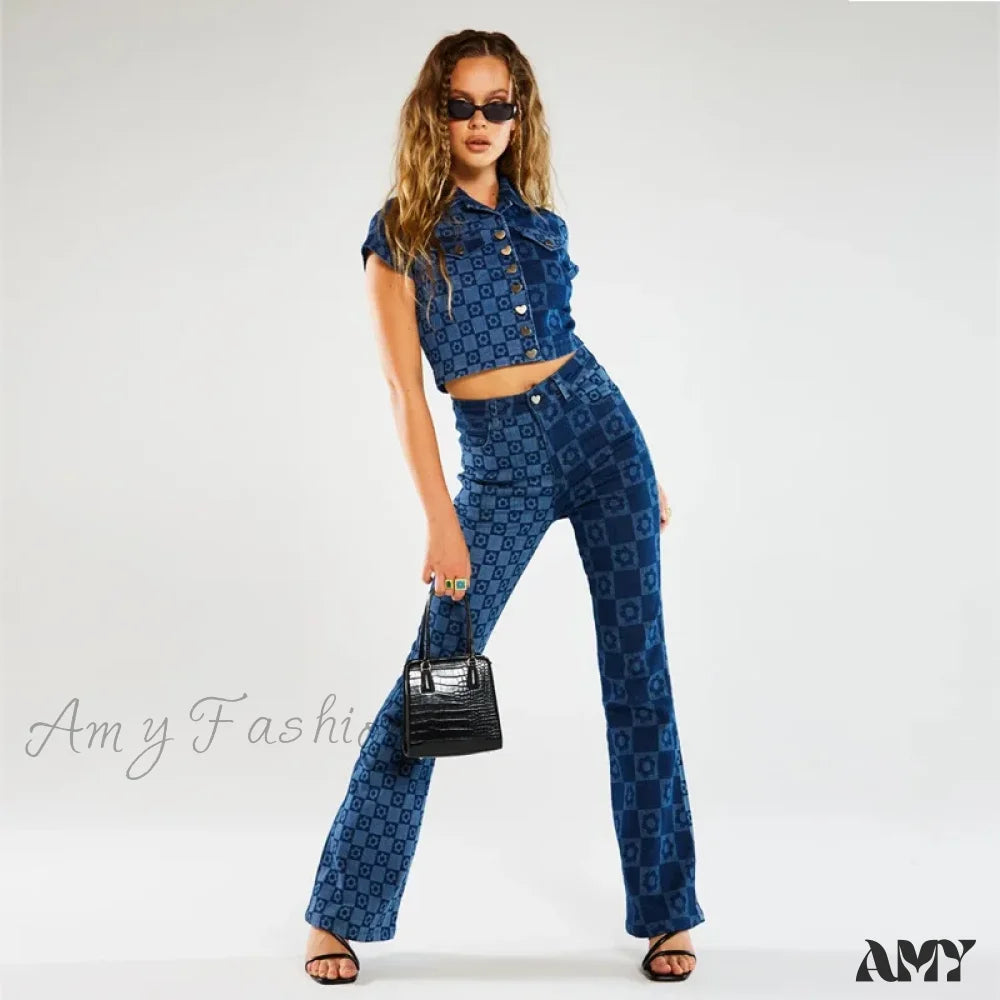 Amy Fashion - Stretch Print Women’s High Waist Flare Women Long Summer Casual Streetwear Denim