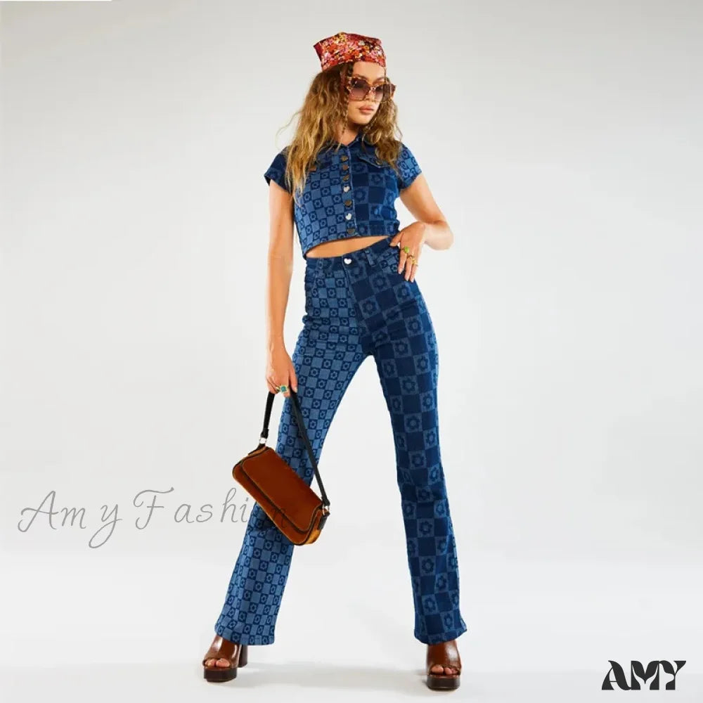 Amy Fashion - Stretch Print Women’s High Waist Flare Women Long Summer Casual Streetwear Denim