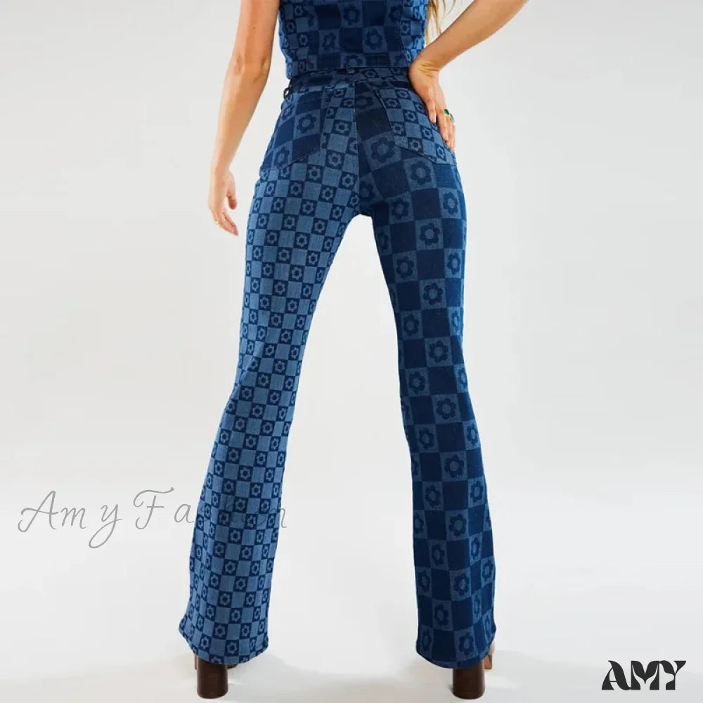 Amy Fashion - Stretch Print Women’s High Waist Flare Women Long Summer Casual Streetwear Denim