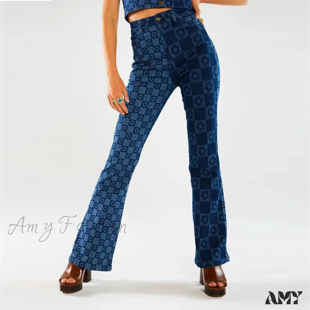 Amy Fashion - Stretch Print Women’s High Waist Flare Women Long Summer Casual Streetwear Denim