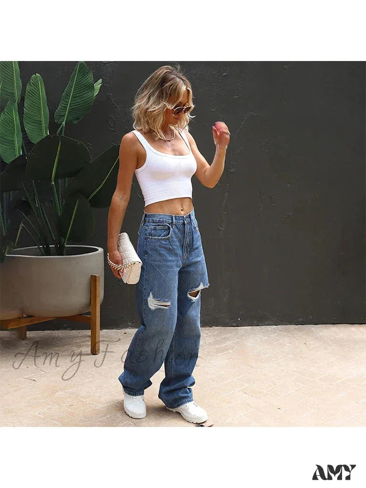 Amy Fashion - Stretch Ripped Loose Comfortable Casual Vintage Streetwear Wide Stylish Jean