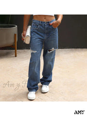 Amy Fashion - Stretch Ripped Loose Comfortable Casual Vintage Streetwear Wide Stylish Jean Dark