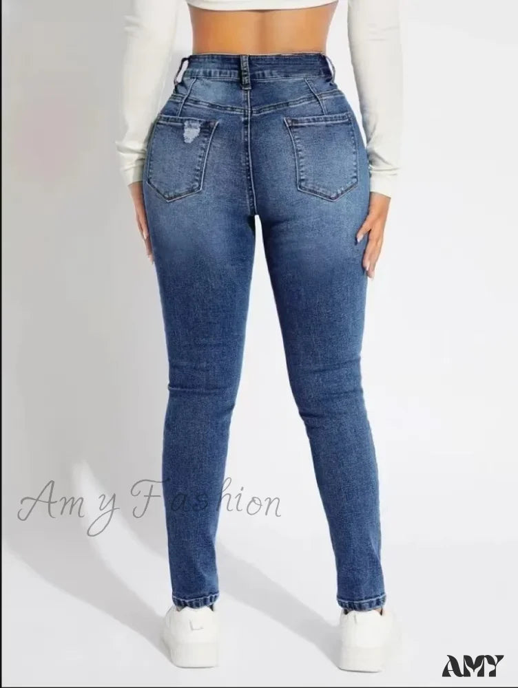 Amy Fashion - Stretch Skinny High Waist Ripped Butt Lifting Casual Slim Denim Jean