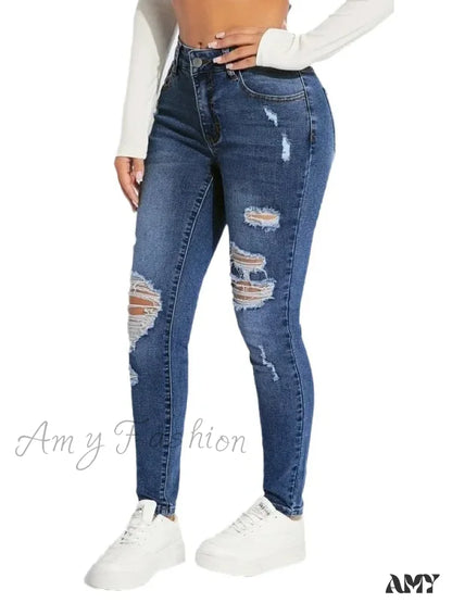 Amy Fashion - Stretch Skinny High Waist Ripped Butt Lifting Casual Slim Denim Jean