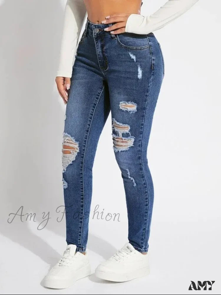 Amy Fashion - Stretch Skinny High Waist Ripped Butt Lifting Casual Slim Denim Jean Blue / S