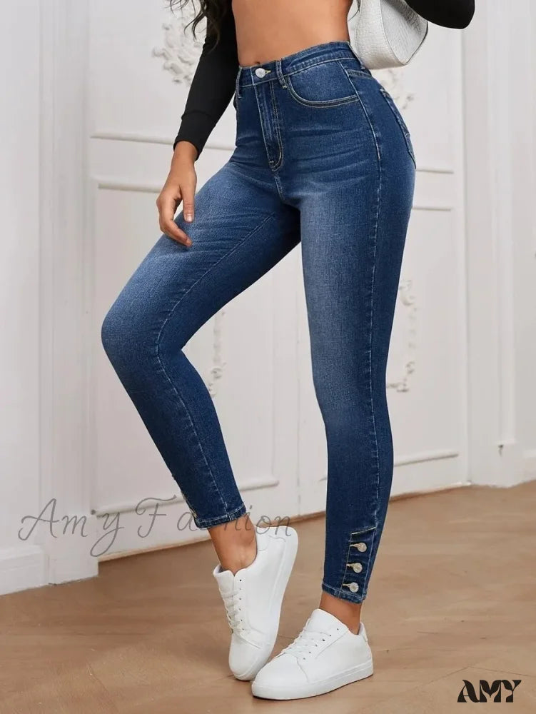 Amy Fashion - Stretch Skinny Pencil High Waist Slim Large Full Length Distressed Jean