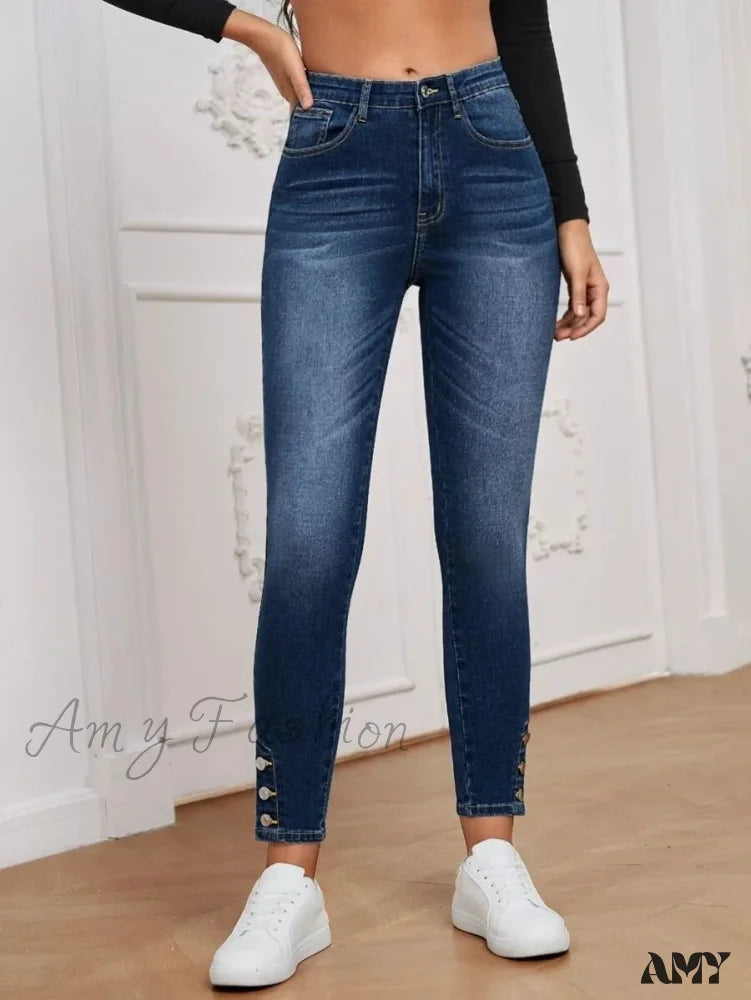 Amy Fashion - Stretch Skinny Pencil High Waist Slim Large Full Length Distressed Jean