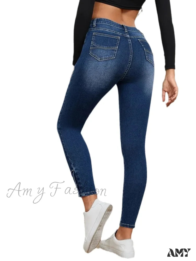 Amy Fashion - Stretch Skinny Pencil High Waist Slim Large Full Length Distressed Jean